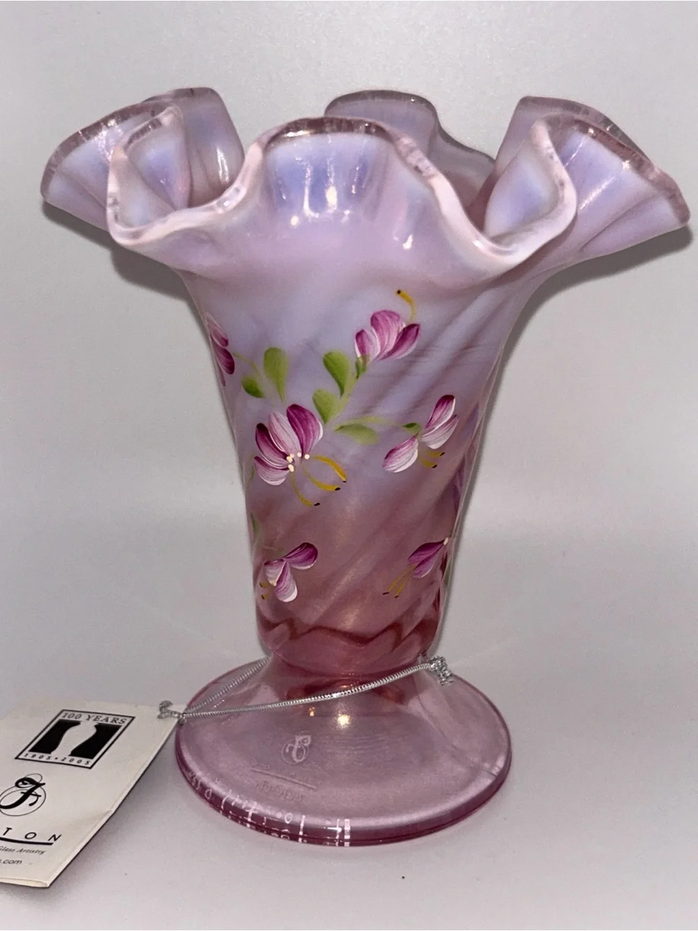FENTON 100th ANNIVERSARY Rosemilk Floral Painted Art Glass Vase SIGNED